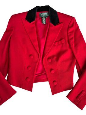 Lauren Ralph Lauren Petite Red Blazer Velvet Collar Cropped Jacket 4P